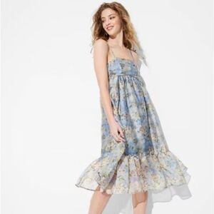 Wild Fable NWT Blue Floral Babydoll Organza Ruffle Hem Midi Dress